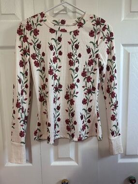Women's Floral Rib Knit Long-Sleeve Top - Cream with Red Flower Print